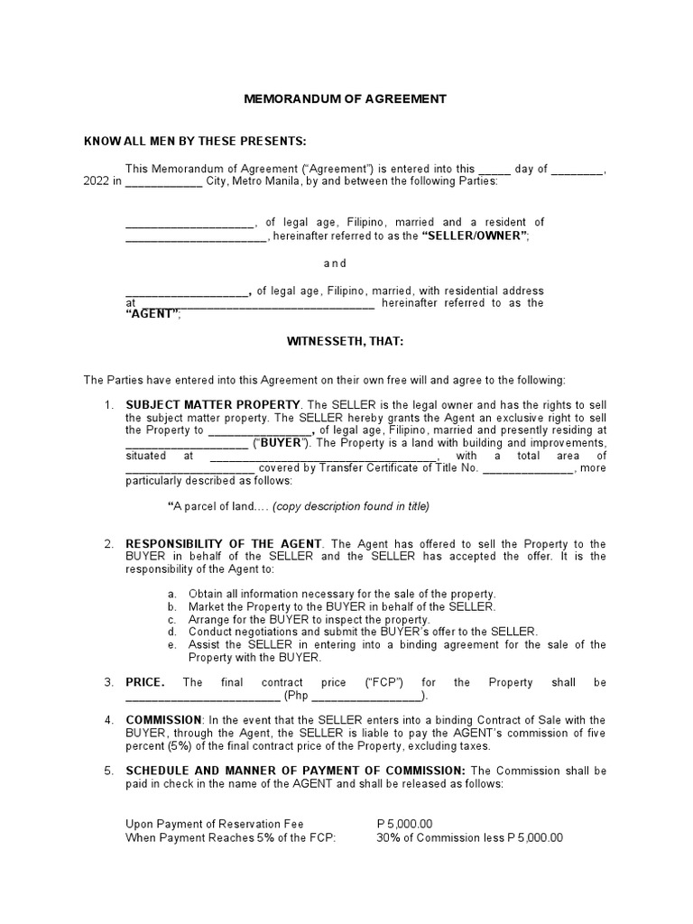 Memorandum of Agreement Agent Seller PDF Payments Sales