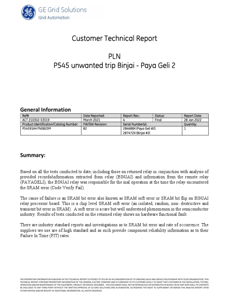 GE Technical Report: P545 Relay Maloperation | PDF | Power Supply | Relay