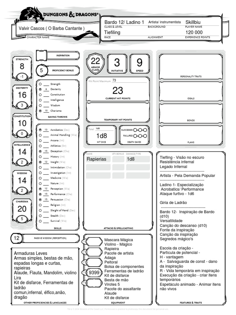 DND 5e - Ficha de Jogador | PDF