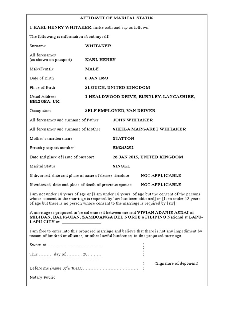 Affidavit of Marital Status PDF