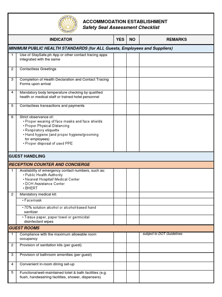 Accommodation Establishment: Safety Seal Assessment Checklist | PDF ...