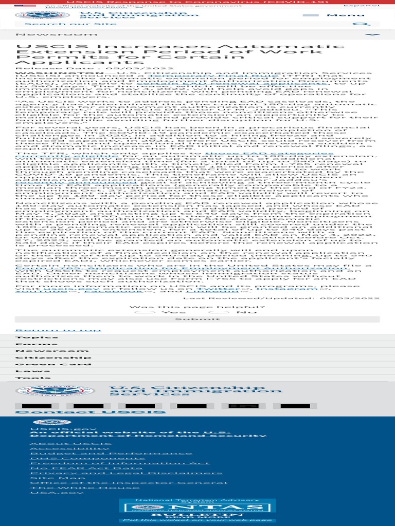 USCIS Extends Work Permit Extensions to 540 Days PDF United States