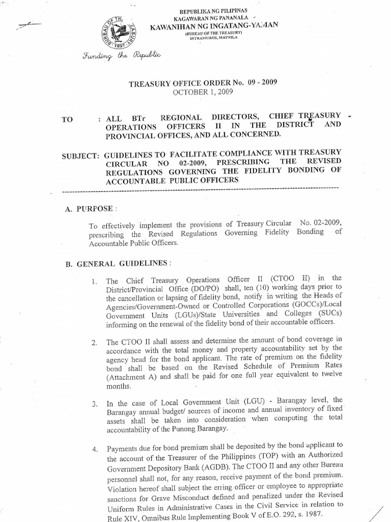 DOF Treasury Order No. 092009 Dated 01 October 2009Guidelines On
