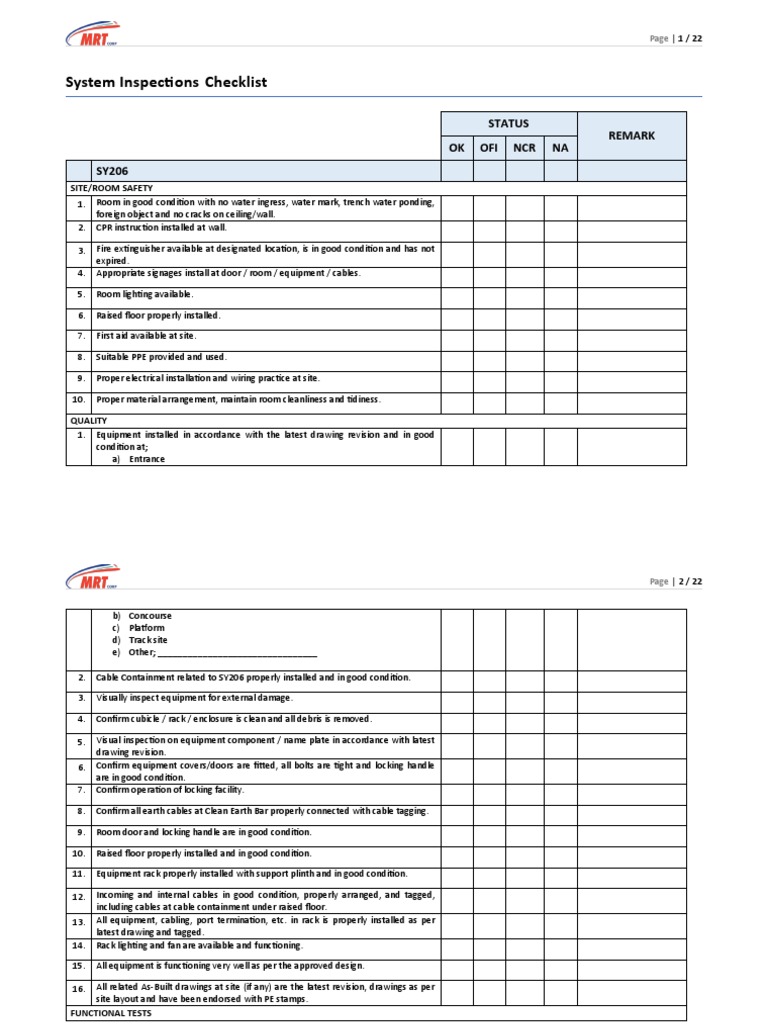 SITE SURVEILLANCE CHECKLIST SY206 Rev.01 SY206 PDF Electrical