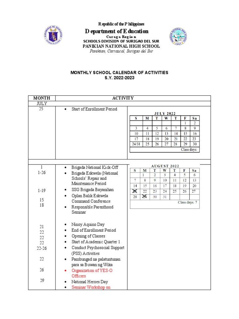 Monthly School Calendar of Activities 2022 2023 PDF