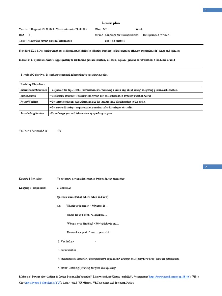 Lesson Plan For Quiz | PDF | Information | Conversation