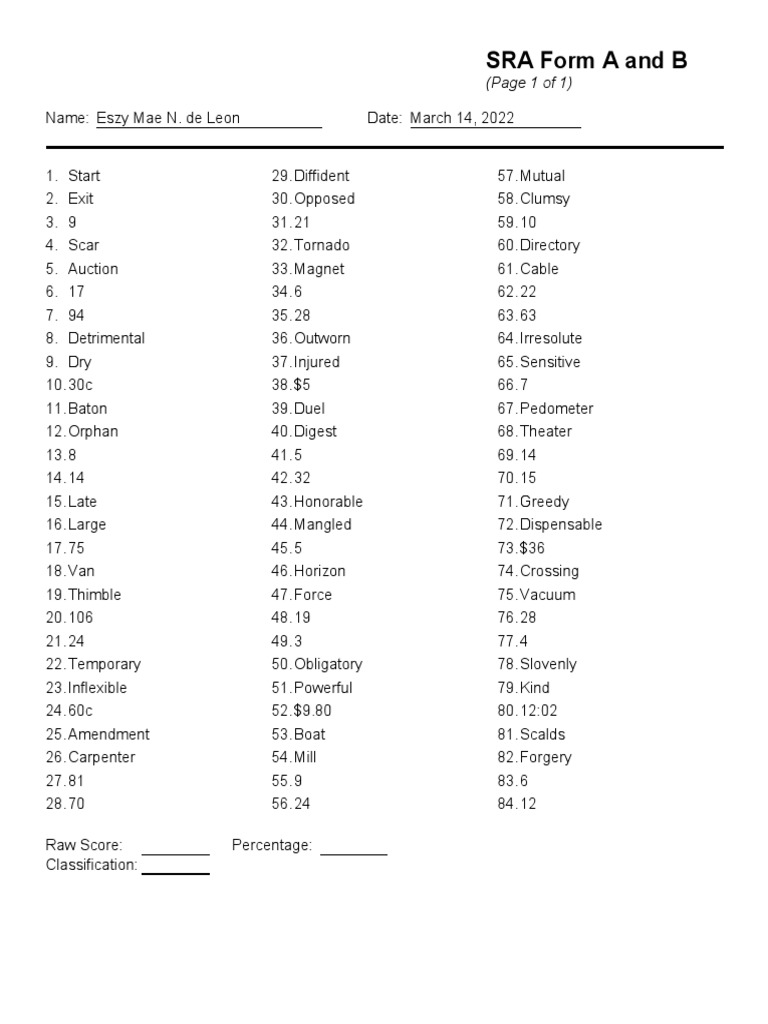 SRA Answer Sheet PDF