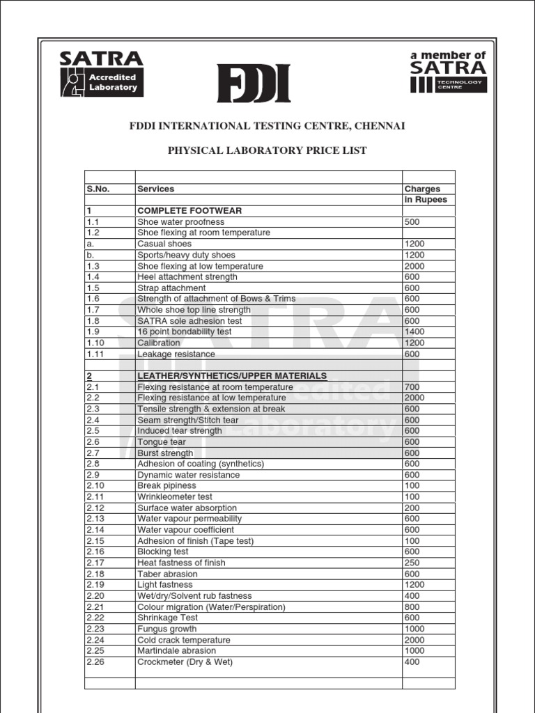 Footwear Testing Price List in India | PDF | Shoe | Wear
