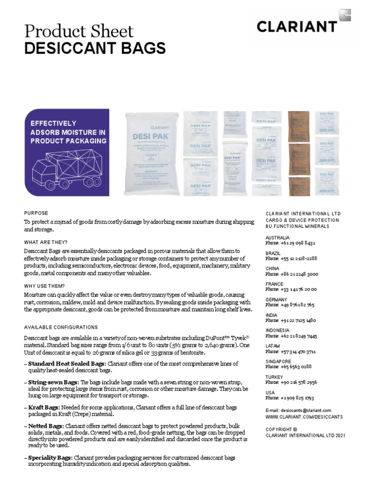 CLARIANT PRODUCT SHEET Desiccant Bags PDF Chemistry Materials
