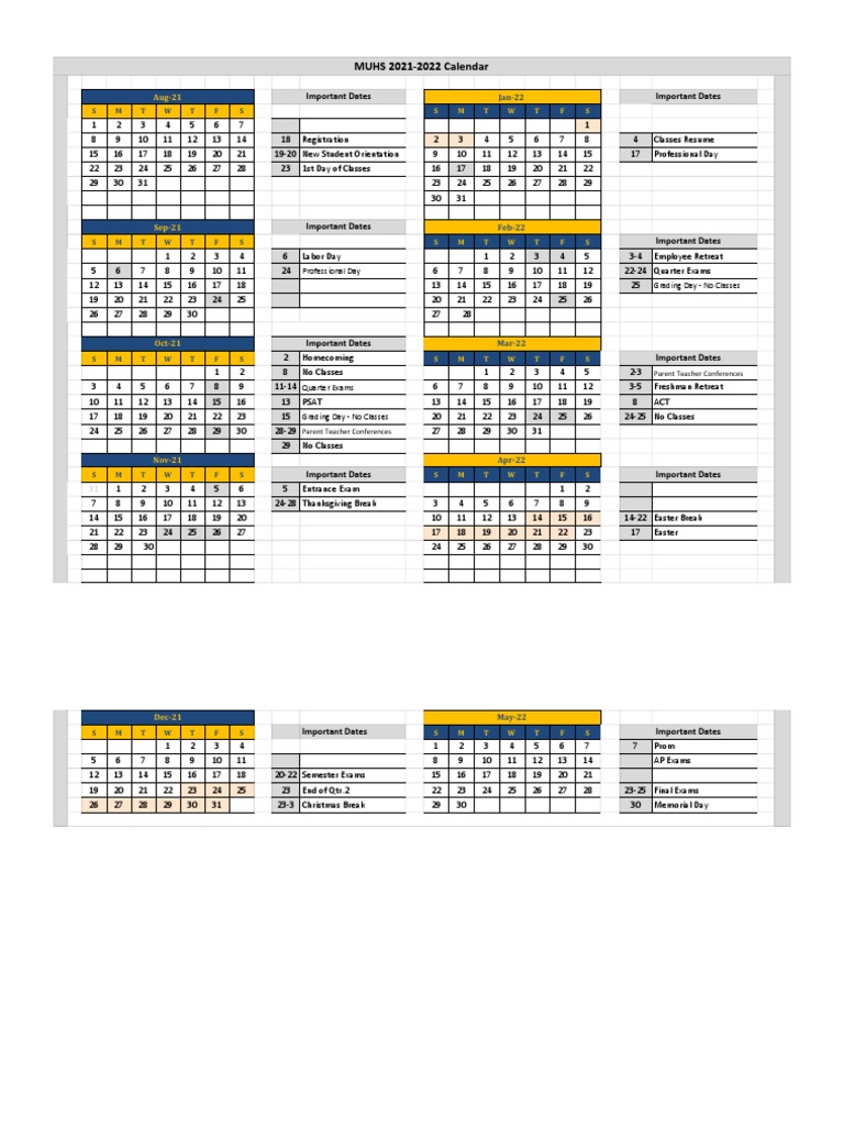 MUHS 2021-2022 Calendar: Important Dates Important Dates | PDF