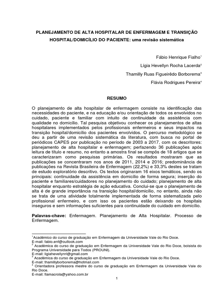 Planejamento de Alta Hospitalar em Enfermagem | PDF | Enfermagem ...