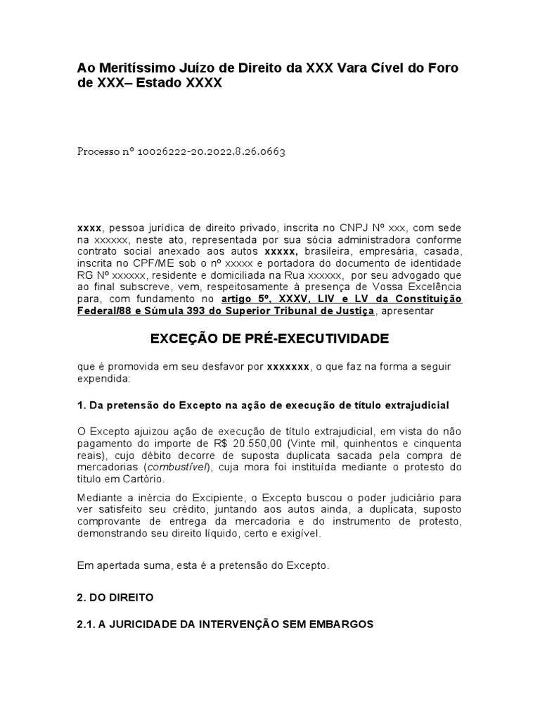 Exceção de Pré-Executividade: Modelo Jurídico | PDF | Prova (jurídico ...