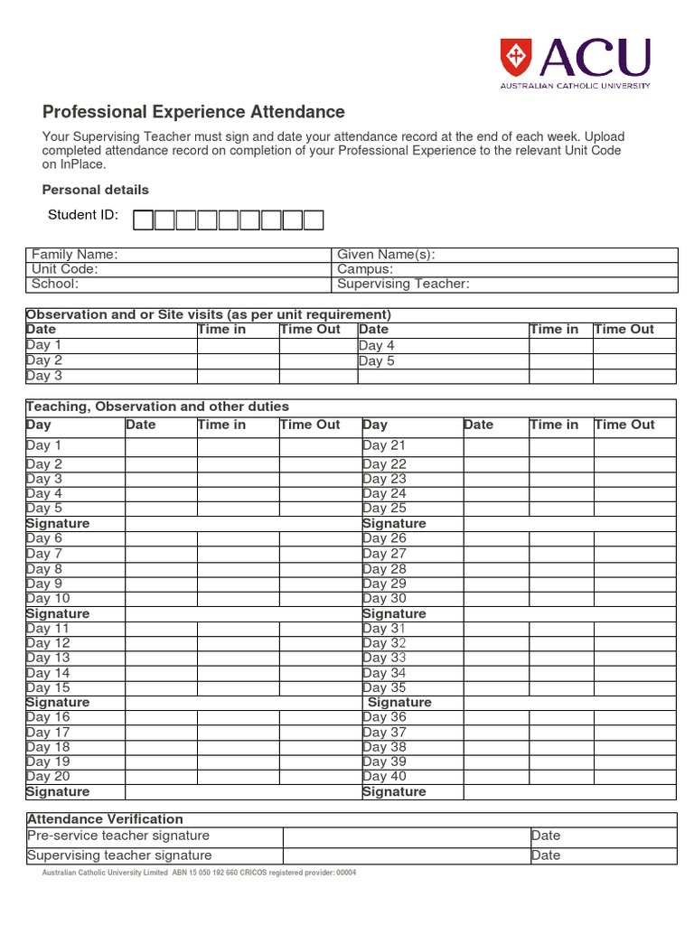Professional Experience Attendance Record | PDF | Authentication ...