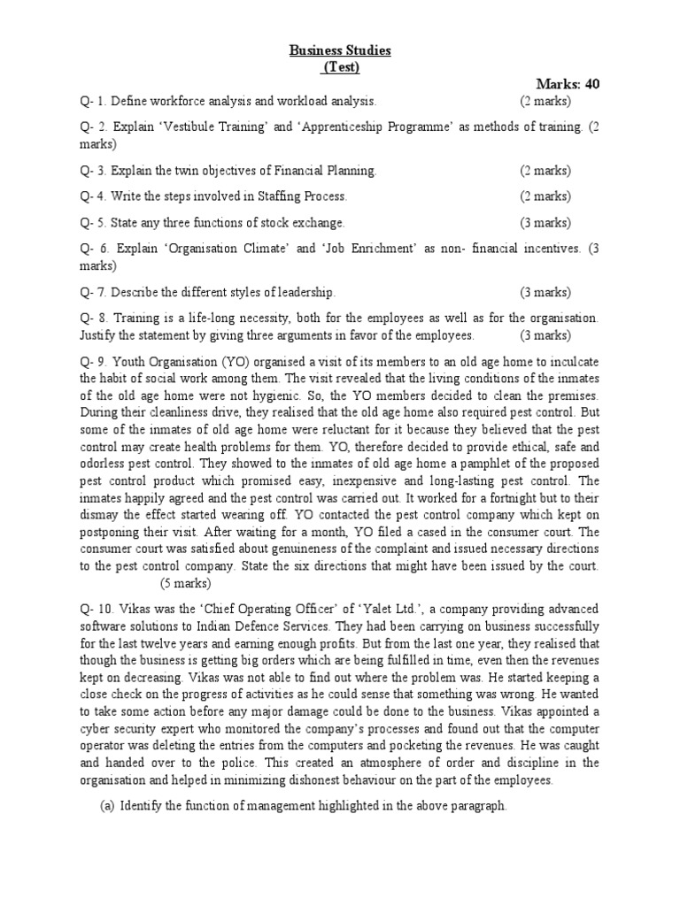 Business Studies (Test) Marks: 40 | PDF | Economies | Business