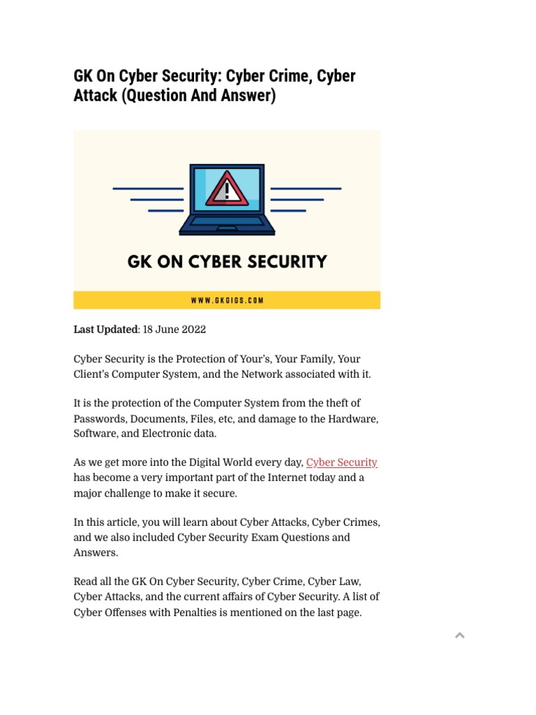 GK On Cyber Security Cyber Crime, Cyber Attack (Question and Answer