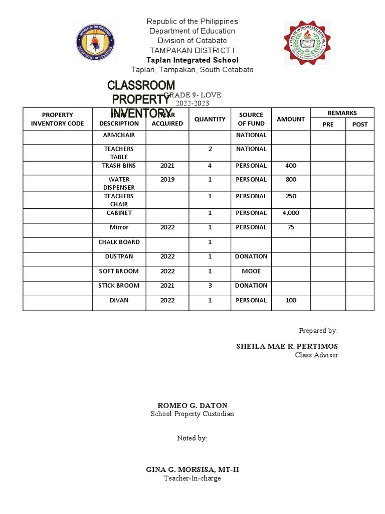 classroom property inventory PDF
