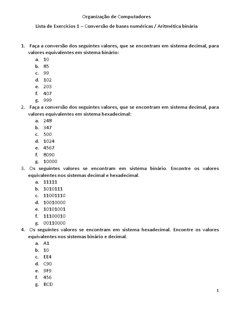 Conversão entre sistemas numéricos binários, decimais e hexadecimais ...