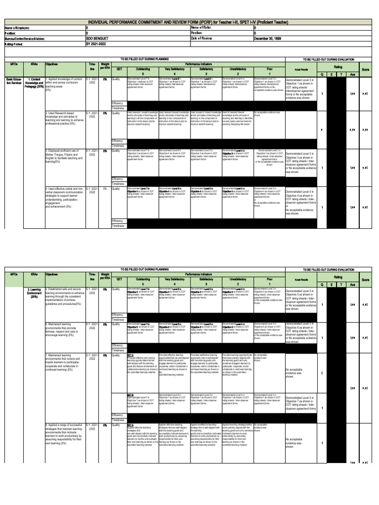 Individual Performance Commitment and Review Form (Ipcrf) For Teacher I ...