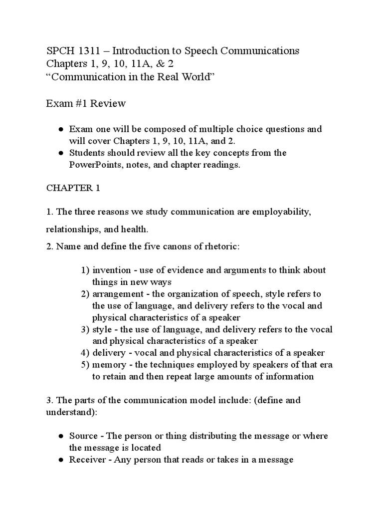 SPCH 1311 Exam 1 Review Guide | PDF | Communication | Self Concept
