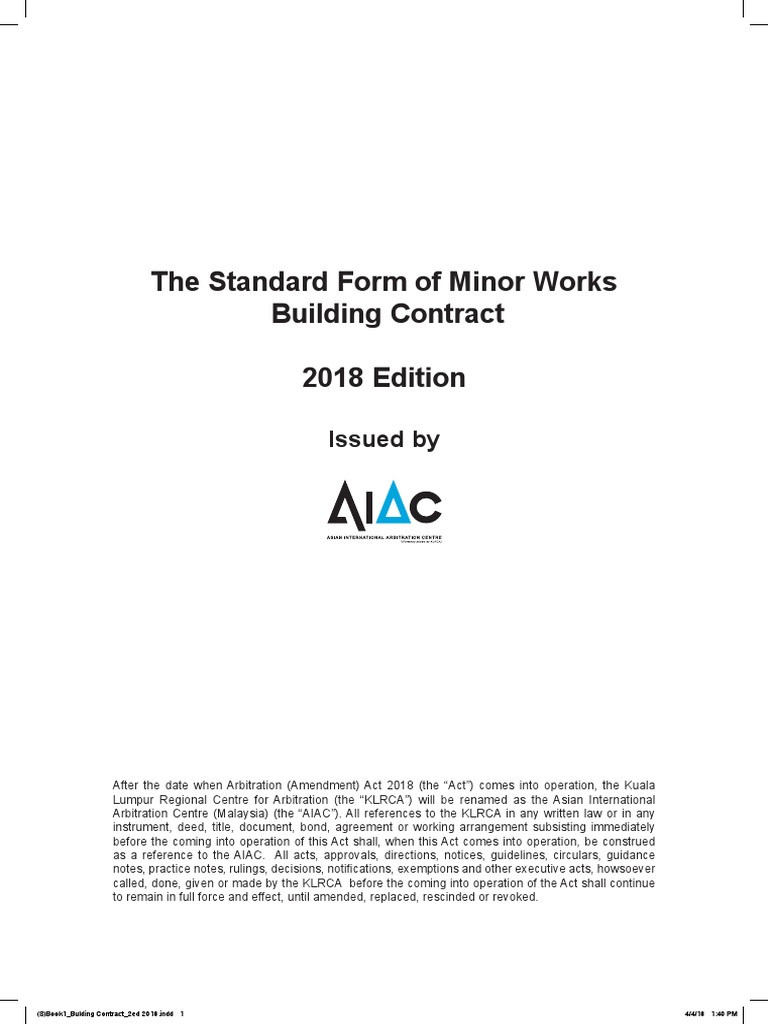 Book1 Minor Works Bulding Contract 2018 PDF Employment Indemnity