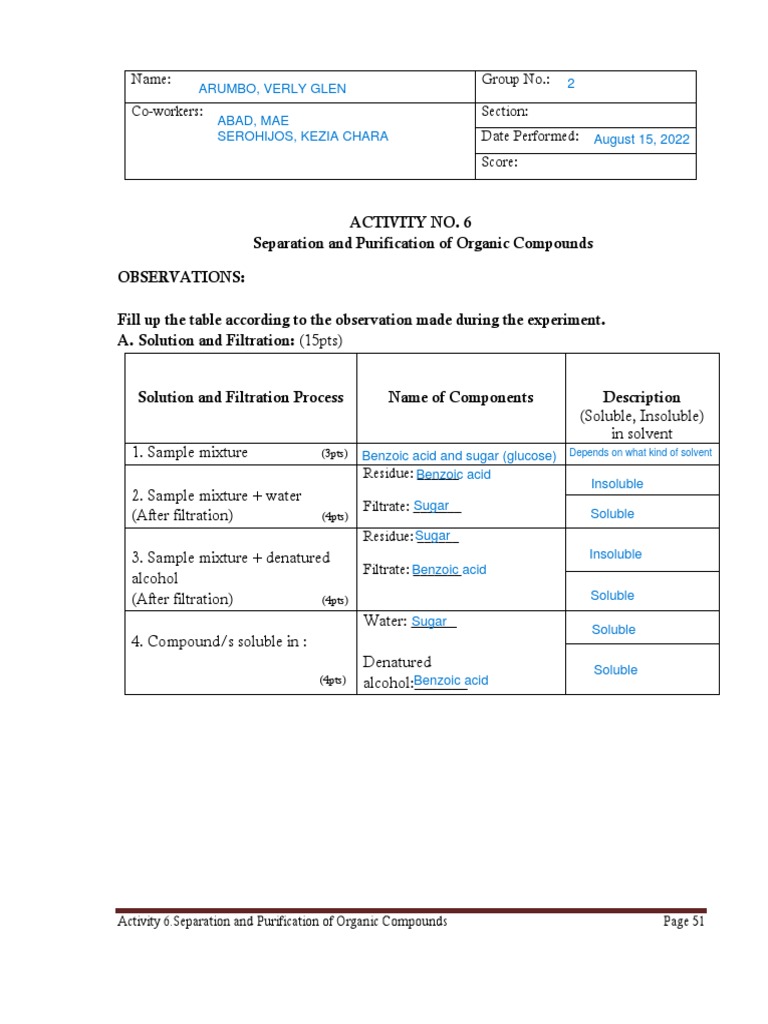 Activity 6 Separation and Purification of Organic Compounds Worksheet
