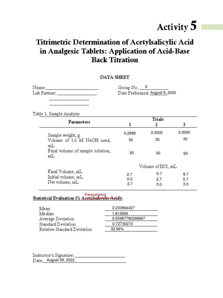 Act 5 Titrimetric Determination of Acetylsalicyclic Acid Worksheet