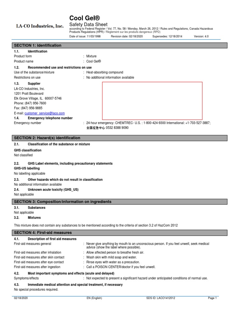 Cool Gel® Safety Data Sheet PDF Toxicity Labor Relations