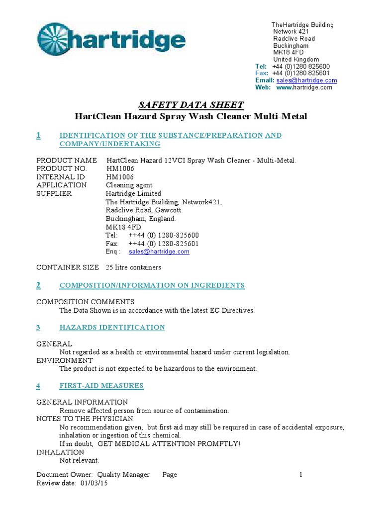 Hartclean Hazard Spray Wash Cleaner MultiMetal Safety Data Sheet