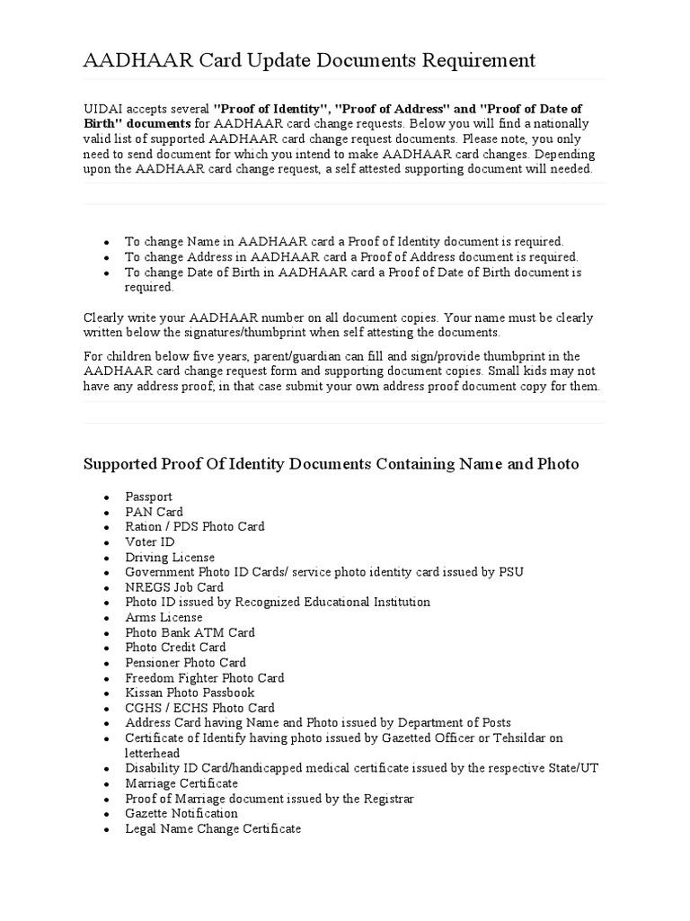 AADHAAR Card Update Documents Requirement | PDF | Identity Document ...