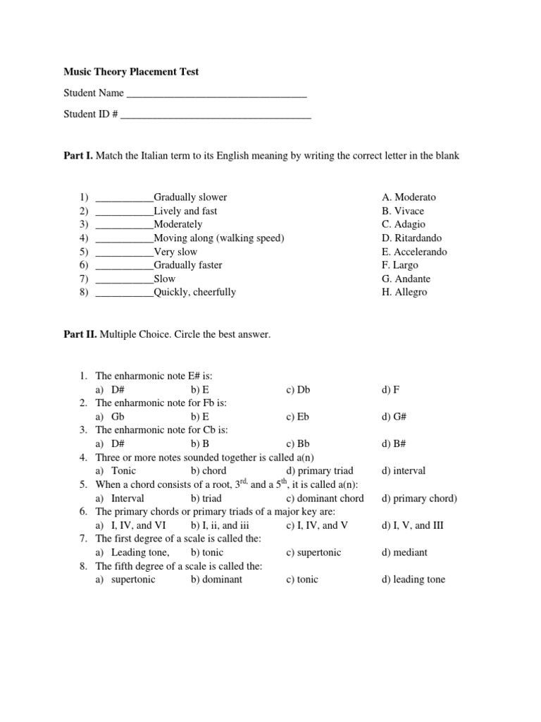 Music Theory Placement Test | PDF | Chord (Music) | Scale (Music)