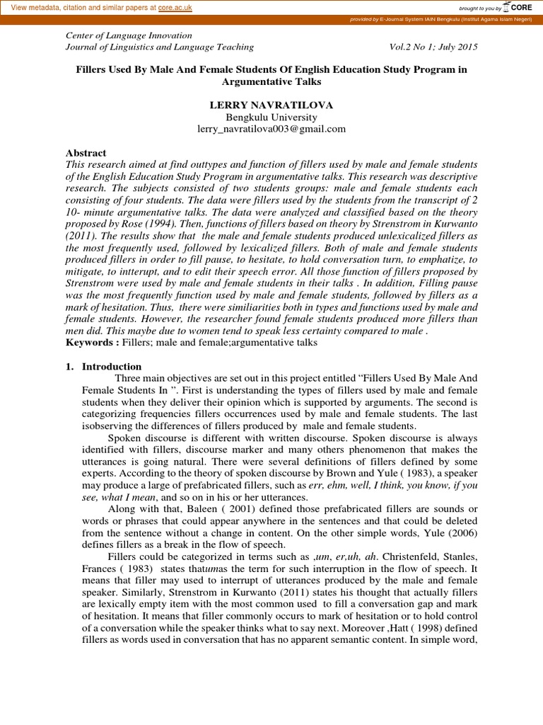 Fillers used by male and female students of english education study