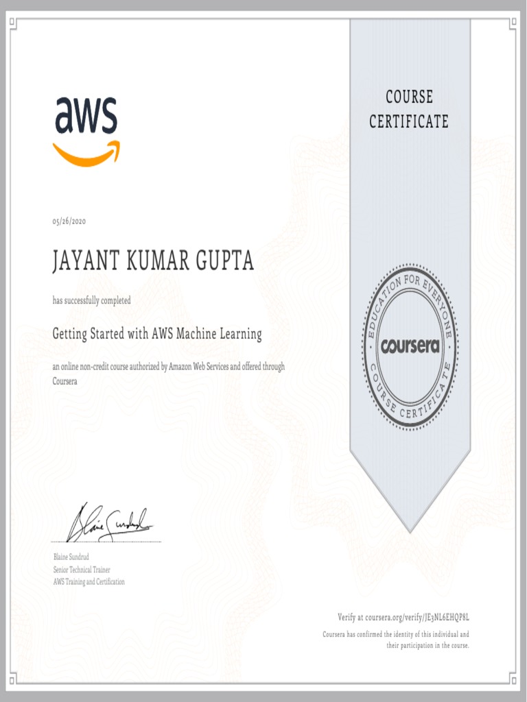 AWS Machine Learning Course Certificate | PDF | E Commerce | Amazon Web ...