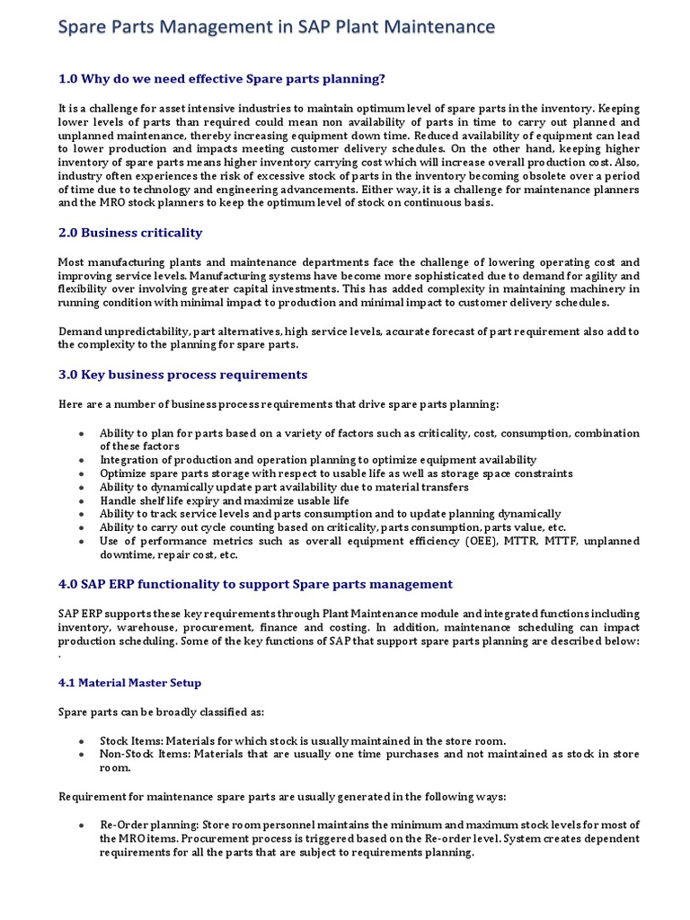 SAP Spare Parts Management Overview | PDF | Inventory | Economies