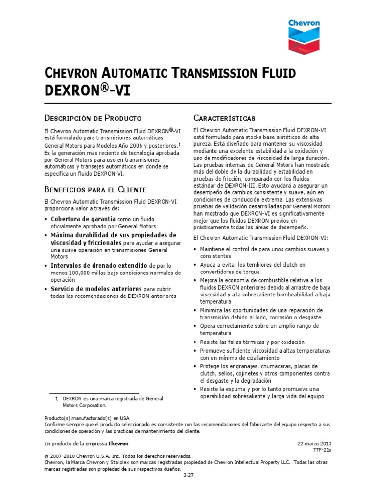Chevron Automatic Transmission Fluid Dexron Vi PDF Motores