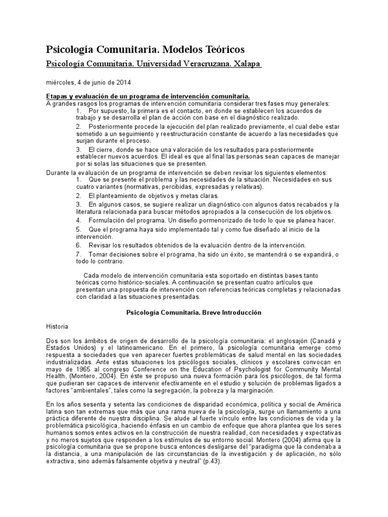 Modelos de Intervención en Psicología Comunitaria | PDF | Sicología ...
