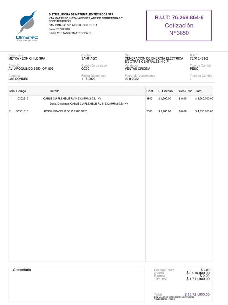Cotización para Metka - EGN Chile SPA | PDF | Electricidad | Ingenieria ...