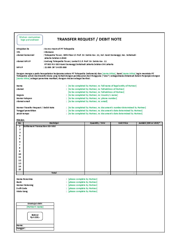 Transfer Request / Debit Note: Mohon Cantumkan Logo Perusahaan | PDF ...