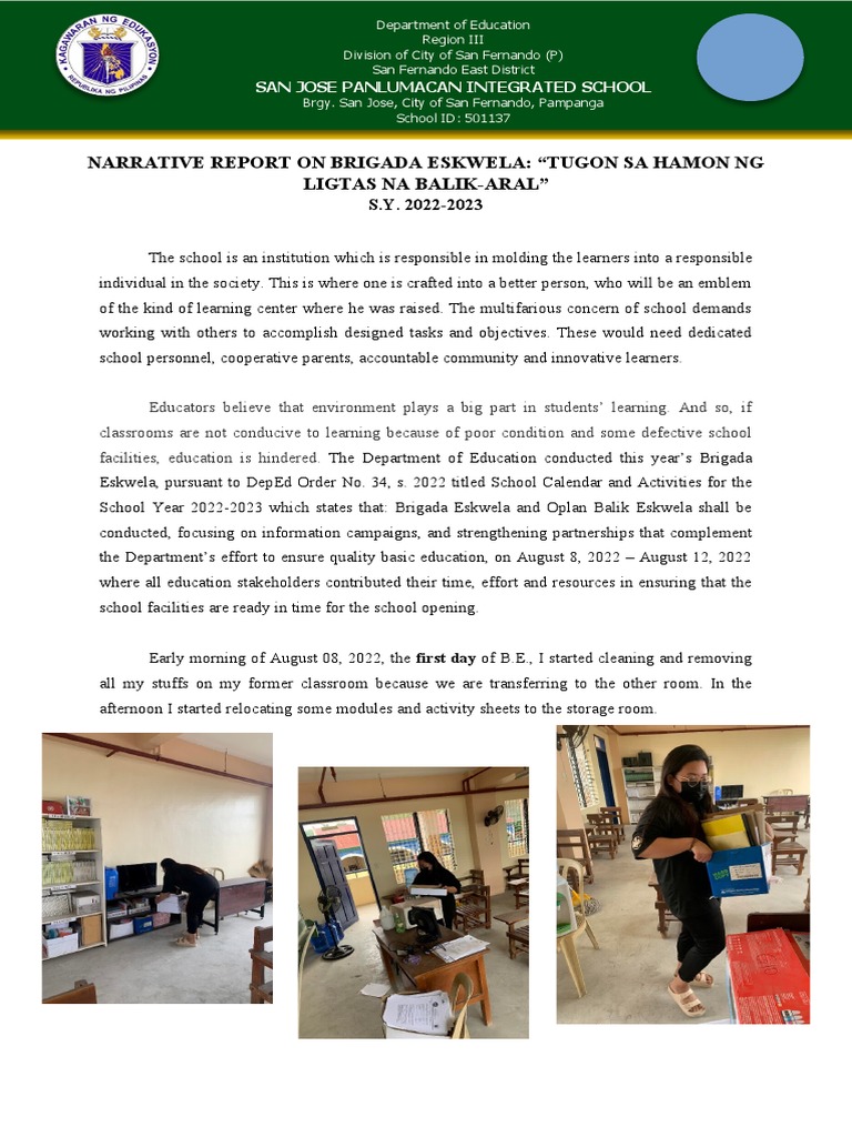 Brigada eskwela aug8 12 narrative report pdf classroom learning