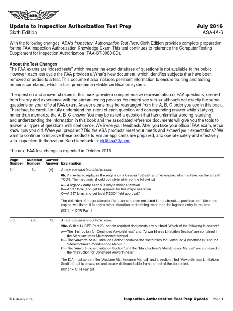 Sixth Edition ASAIA6 Update To Inspection Authorization Test Prep