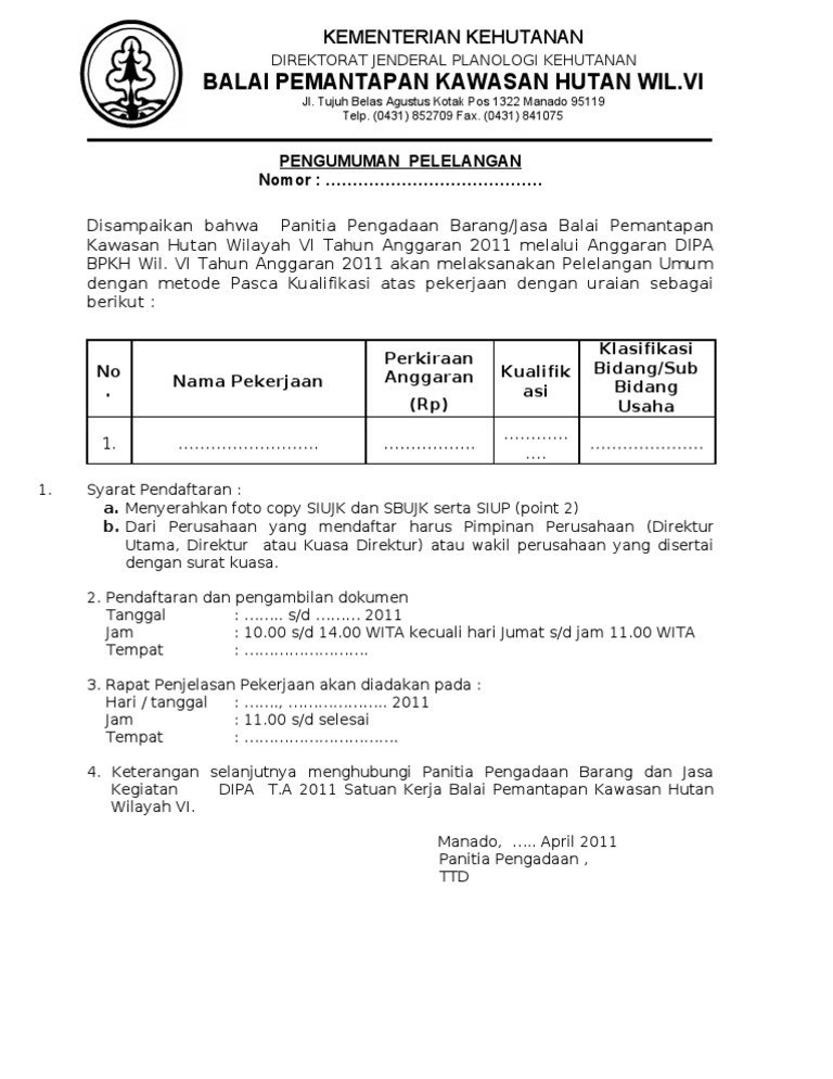 Contoh Pengumuman Lelang