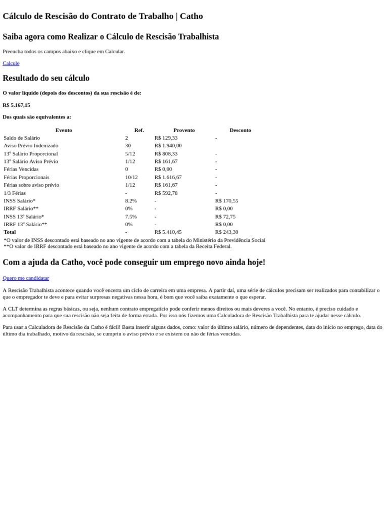 Cálculo de Rescisão Do Contrato de Trabalho - Catho | PDF | Férias ...