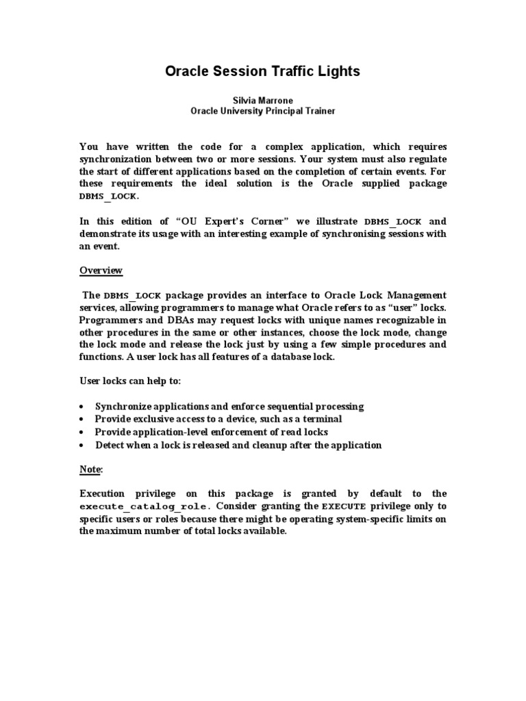 Oracle DBMS_LOCK for Session Sync | PDF | Parameter (Computer ...