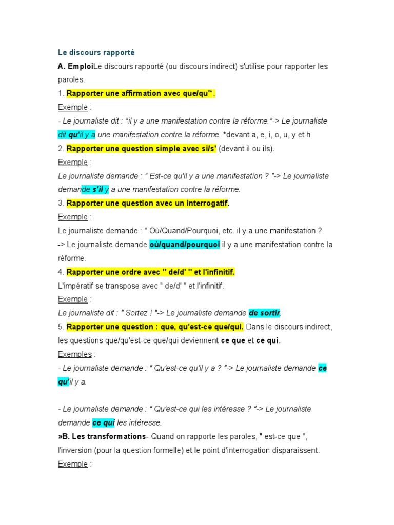 Guide du Discours Rapporté en Français | PDF | Verbe | Question