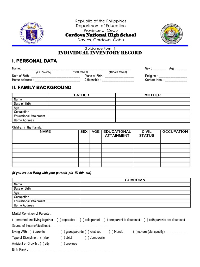 INDIVIDUAL INVENTORY RECORD (GUIDANCE FORM 1) PDF Social Psychology
