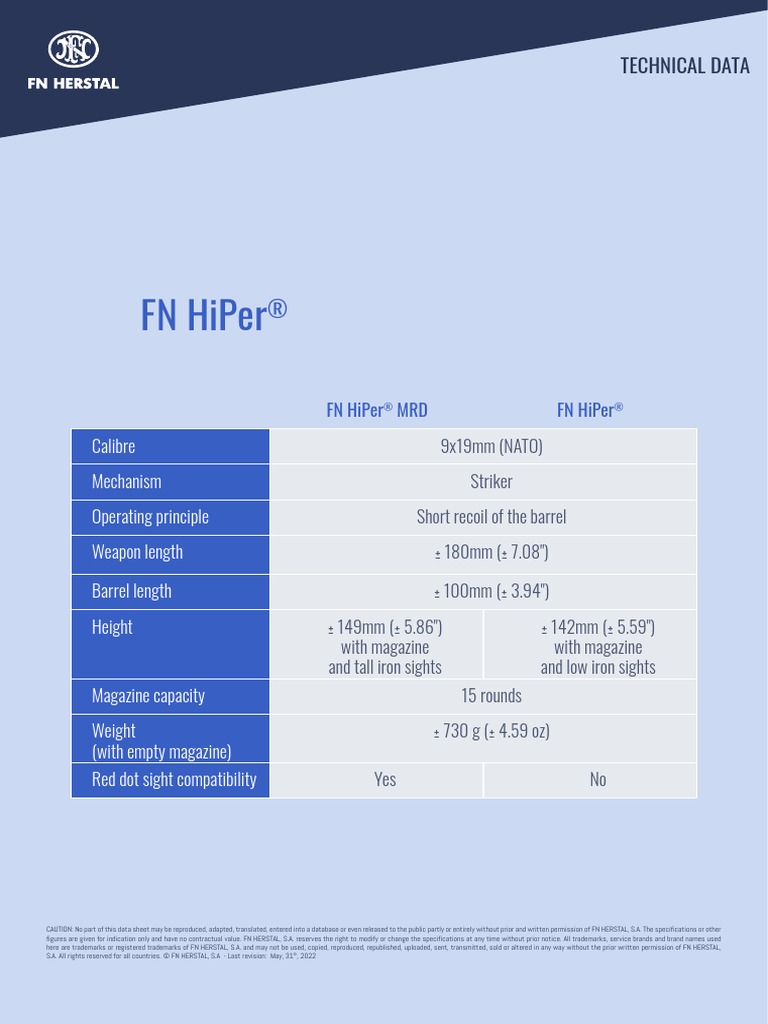 Technical Data FN Hiper 2 | PDF | Tools | Projectile Weapons