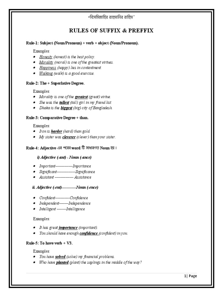Rules of suffix preffix rule 1 subject noun pronoun verb