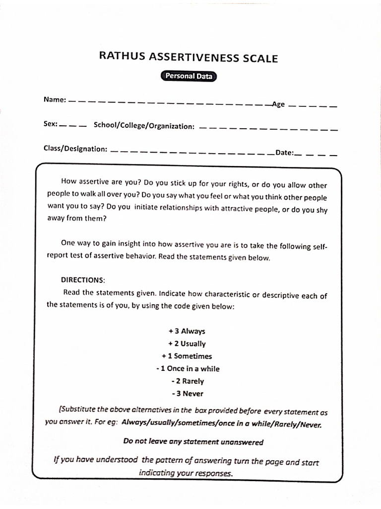 Rathus Assertive Scale Questionnaire | PDF