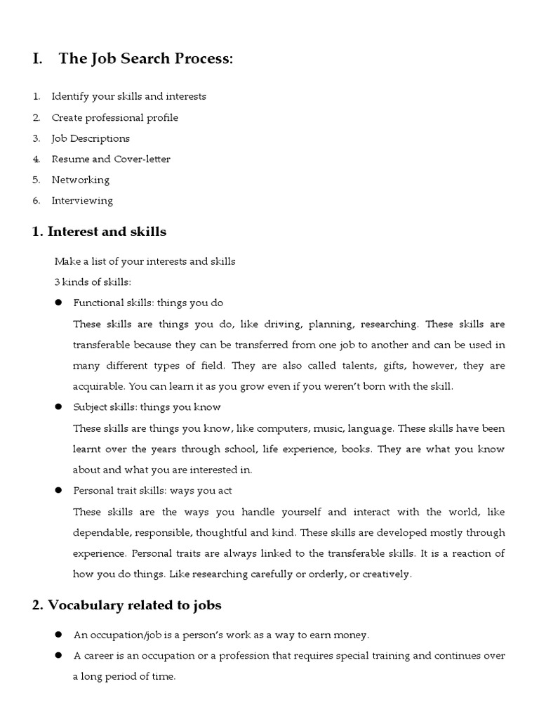 I. The Job Search Process 1. Interest and Skills PDF Résumé