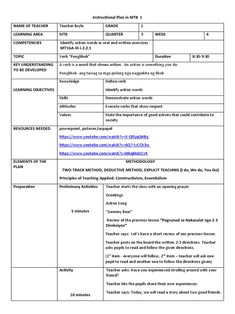 Instructional Plan for MTB Grade 1 | PDF | Teachers | Teaching Method