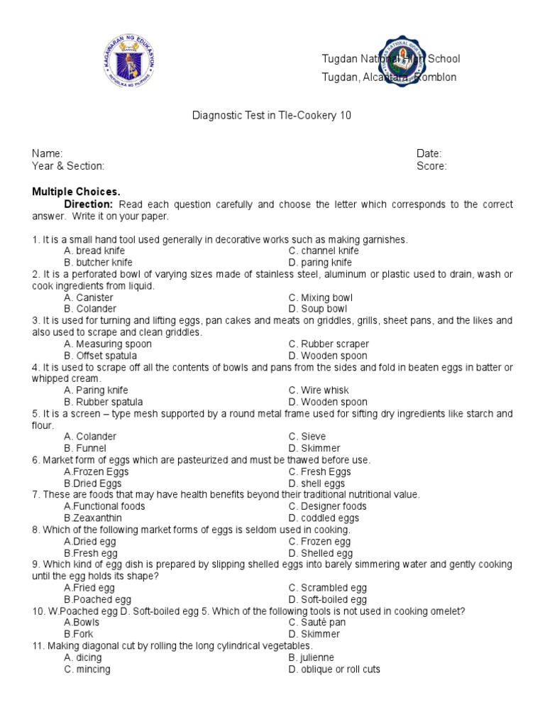 Diagnostic Test in Tle-Cookery 10 | PDF | Stock (Food) | Soup